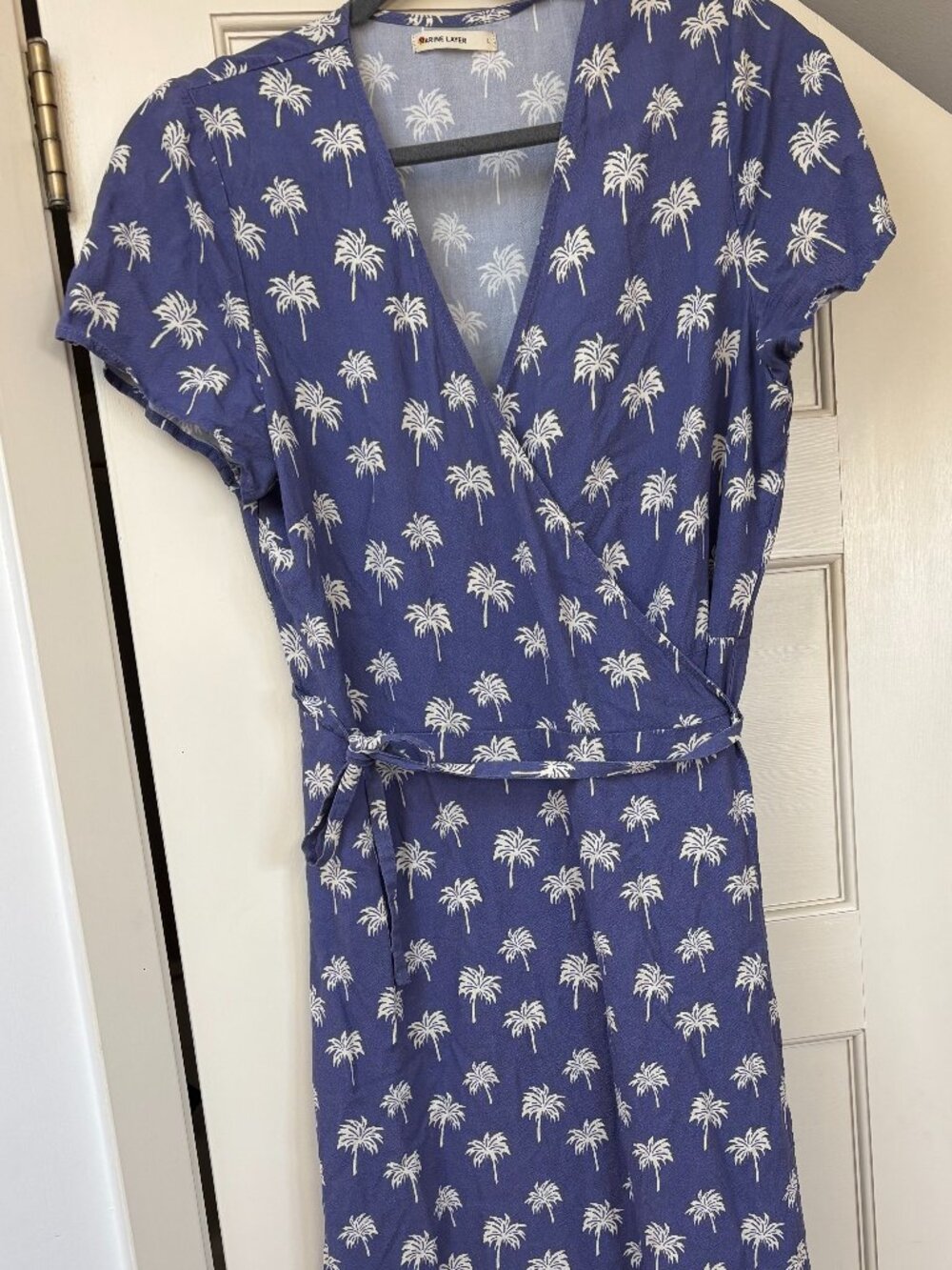 Marine Layer Dress Womens Large Blue Palm Tree Wrap Maxi Short Sleeve Boho